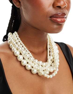ASOS DESIGN ASOS DESIGN necklace with multirow faux pearl and ribbon detail-White