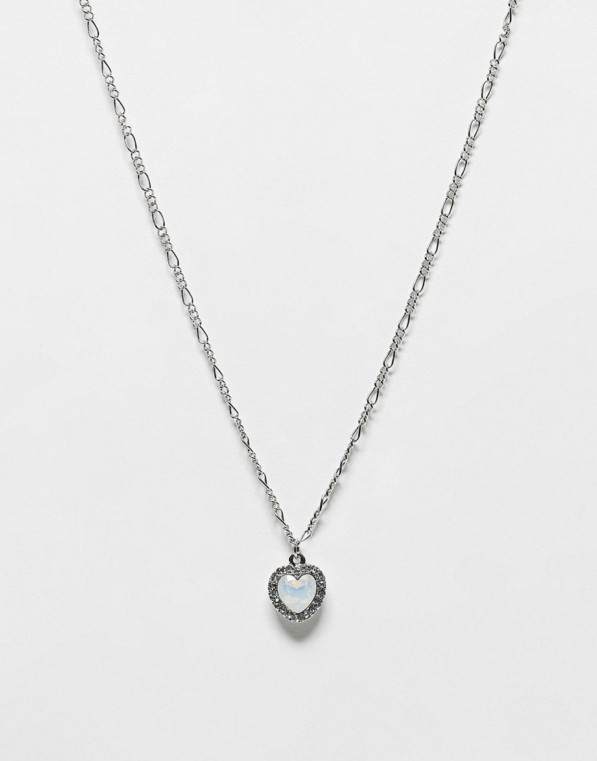 Asos Design Necklace With Opal Heart Pendant In Silver Tone