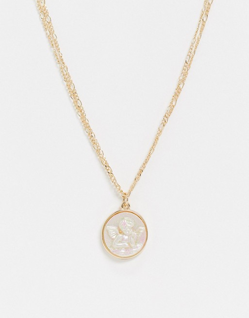 ASOS DESIGN necklace with opal style cherub pendant in gold tone