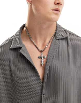 Asos Design Necklace With Oversized Molten Cross In Silver Tone In Metallic