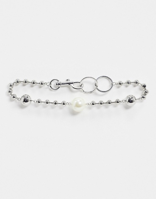 ASOS DESIGN necklace with pearl and hardware clasp in silver tone