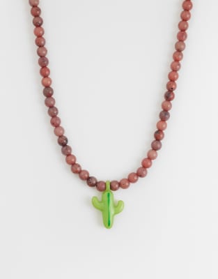 Asos Design Necklace With Pink Semi-precious Beads And Cactus Pendant-multi In Brown