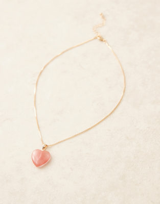 Asos Design Necklace With Pink Semi Precious Quartz Heart Pendant