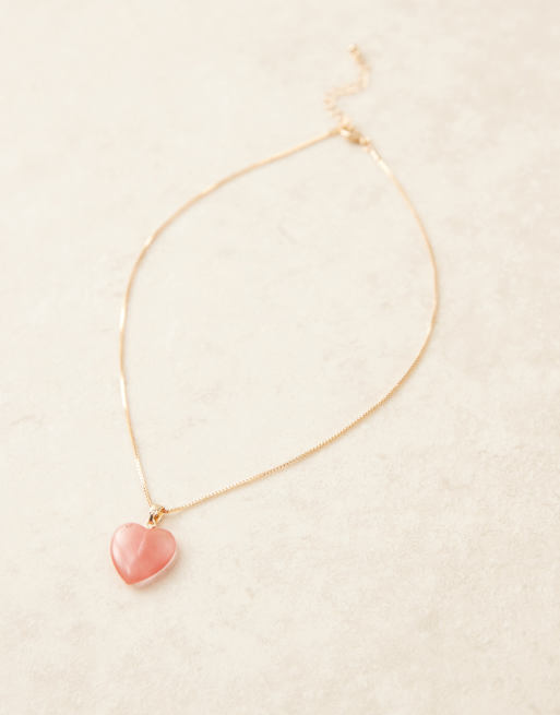 ASOS DESIGN necklace with pink semi precious quartz heart pendant in gold tone, 2 of 3