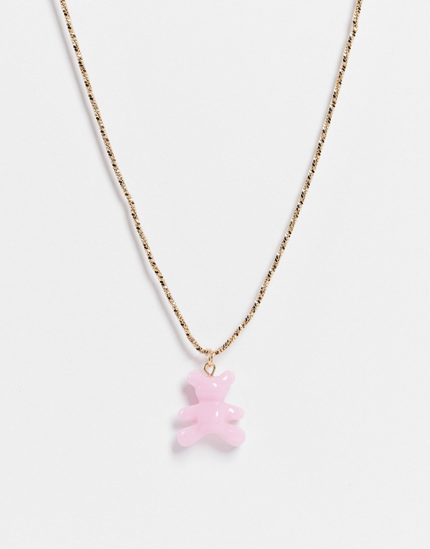 ASOS DESIGN necklace with plastic teddy bear pendant in gold tone