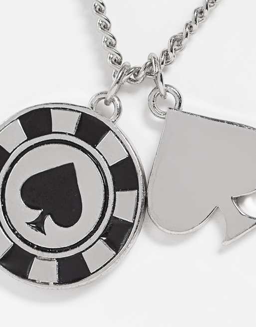 Poker Face Necklace Silver Cards and Chip Charm Black 