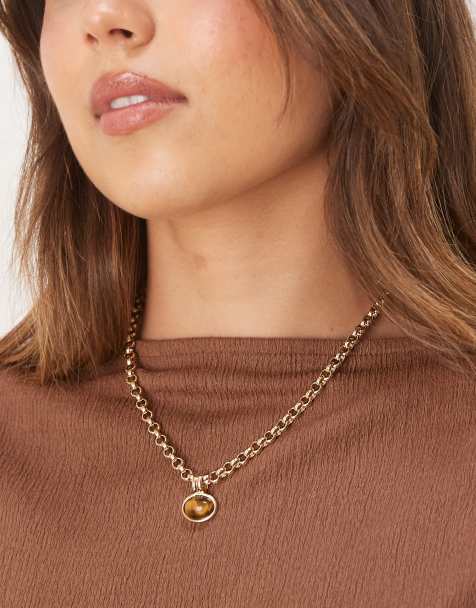 ASOS DESIGN necklace with real semi-precious tigers eye pendant in gold tone - view 1