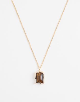 Asos Design Necklace With Real Semi-precious Tigers Eye Pendant In Gold