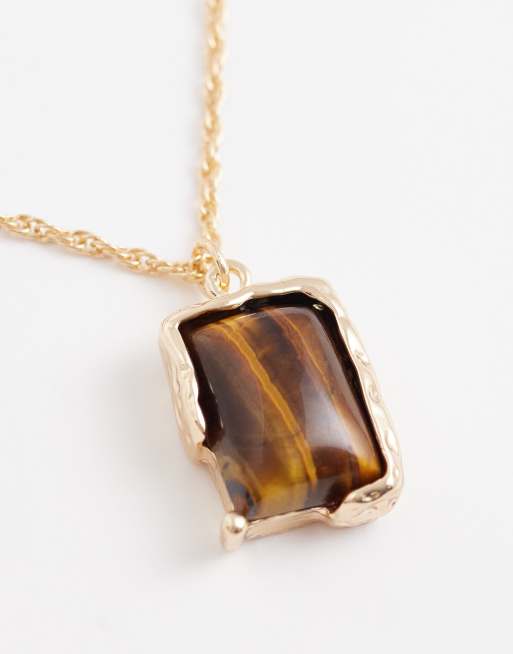 ASOS DESIGN necklace with real semi-precious tigers eye pendant in gold tone, 3 of 4