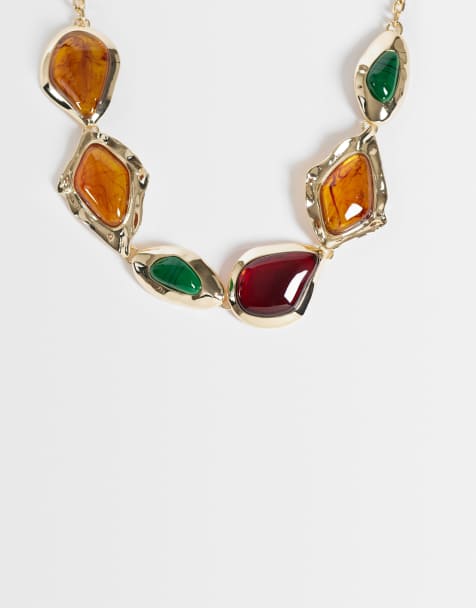 ASOS DESIGN necklace with red, amber and green stone set with molten affect in gold tone - view 1