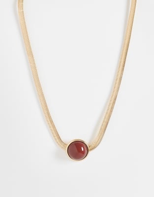 Asos Design Necklace With Round Burgundy Pendant In Brown