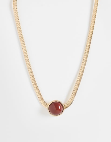 ASOS DESIGN necklace with round burgundy pendant in gold tone - view 1
