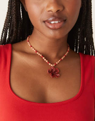 Asos Design Necklace With Semi Precious Beads And Flower Pendant-red