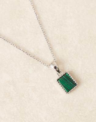 Asos Design Necklace With Semi-precious Malachite Stone Pendant In Silver