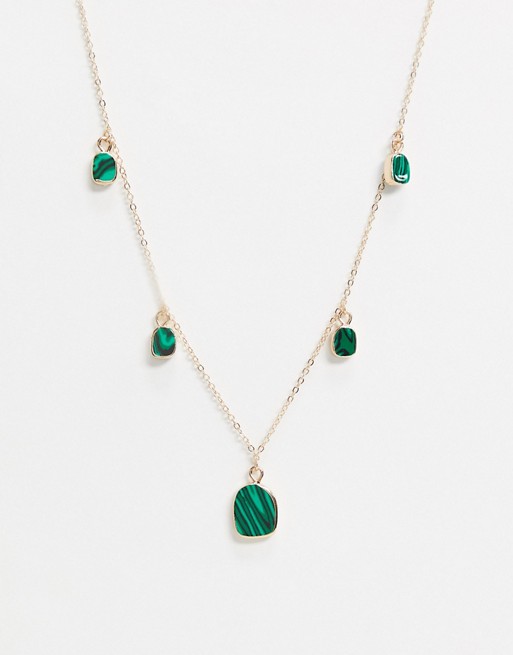 ASOS DESIGN necklace with semi-preious green malachite pendants in gold tone