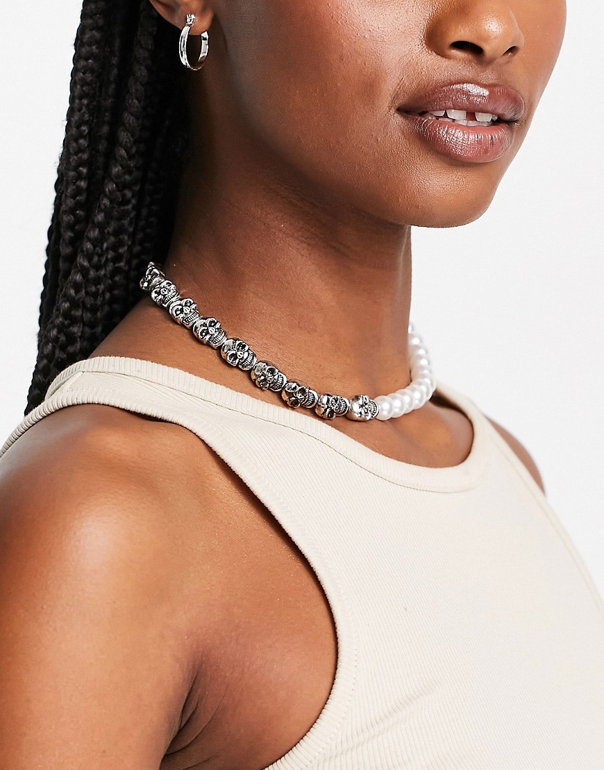 ASOS DESIGN necklace with skulls and faux pearls in silver tone