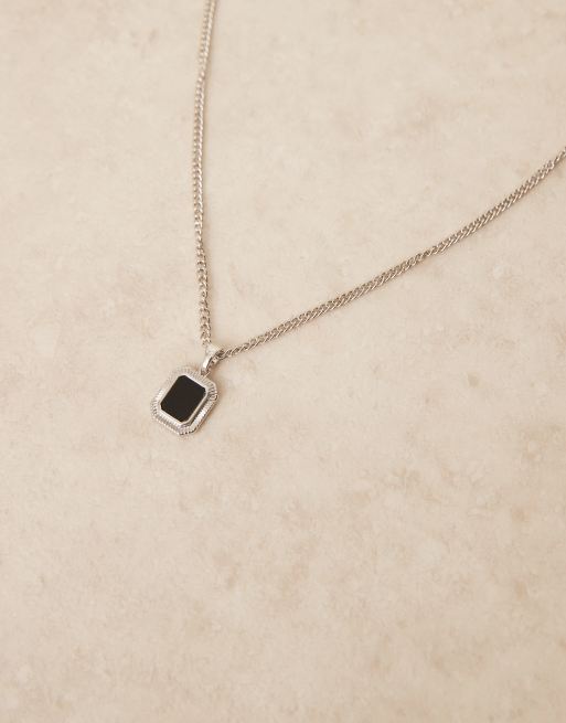 ASOS DESIGN necklace with square black stone pendant in silver tone