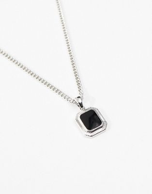 ASOS DESIGN necklace with square black stone pendant in silver tone