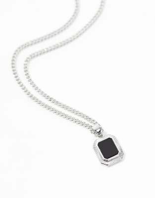 FhyzicsShops DESIGN necklace with square black stone pendant in silver tone