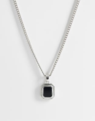 Asos Design Necklace With Square Black Stone Pendant