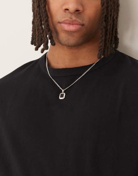 ASOS DESIGN necklace with square black stone pendant in silver - view 1