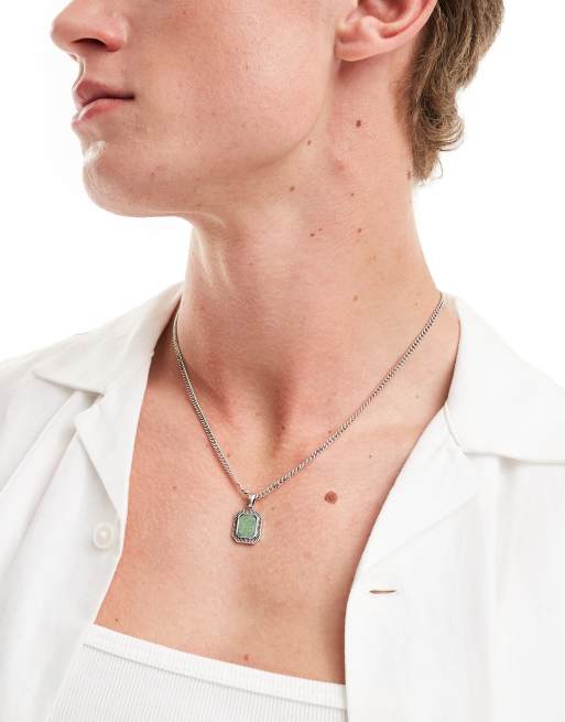 ASOS DESIGN necklace with square jade semi precious stone pendant in silver tone ASOS