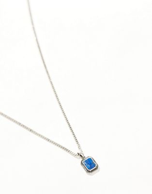 Asos Design Necklace With Square Lapis Semi-precious Pendant In Silver Tone In Metallic