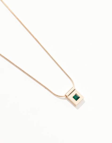 ASOS DESIGN necklace with square pendant with faux emerald crystal in gold tone - view 1