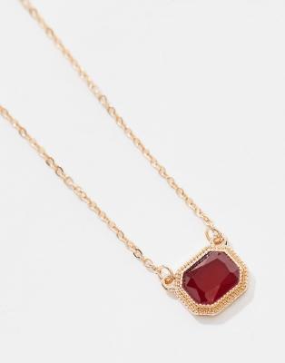 Asos Design Necklace With Square Red Stone Pendant In Gold Tone