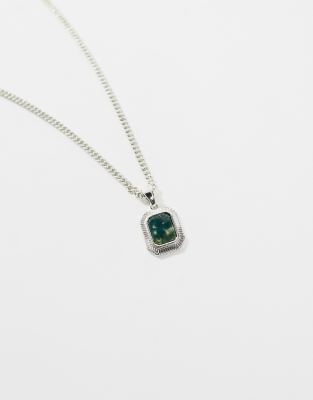  ASOS DESIGN necklace with square semi-precious moss agate stone pendant in silver tone