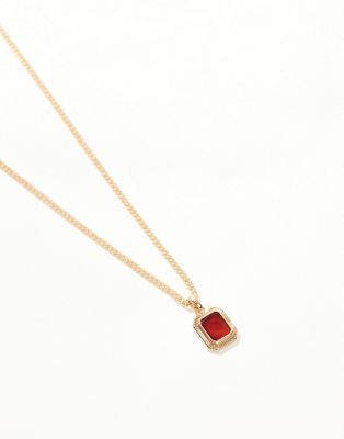 Asos Design Necklace With Square Semi-precious Red Agate Stone Pendant In Gold Tone