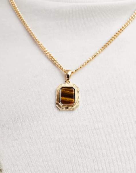 ASOS DESIGN necklace with square semi-precious tigers eye s pendant in gold   - view 1