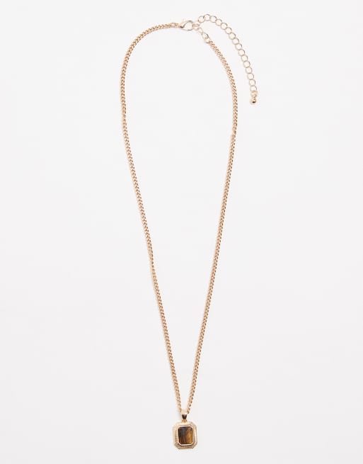 ASOS DESIGN necklace with square semi-precious tiger's eye stone pendant in gold tone