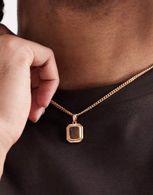 ASOS DESIGN necklace with square semi-precious tiger's eye stone pendant in gold tone