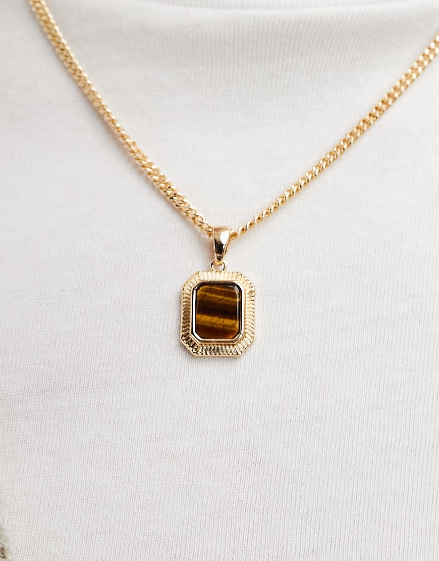 necklace with square semi-precious tiger's eye stone pendant in gold tone