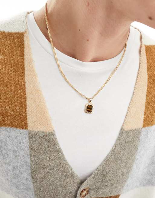ASOS DESIGN necklace with square semi-precious tiger's eye stone pendant in gold tone, 2 of 4
