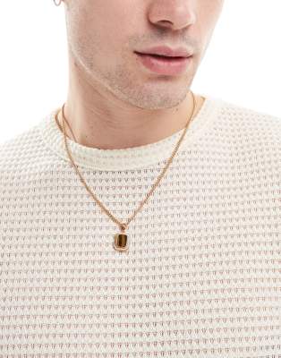 Asos Design Necklace With Square Semi-precious Tiger's Eye Stone Pendant In Gold Tone