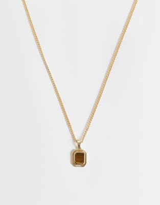 Asos Design Necklace With Square Tigers Eye Pendant In Gold