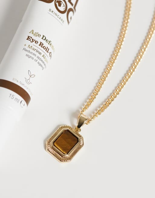 ASOS DESIGN necklace with square tigers eye pendant in gold tone, 2 of 3