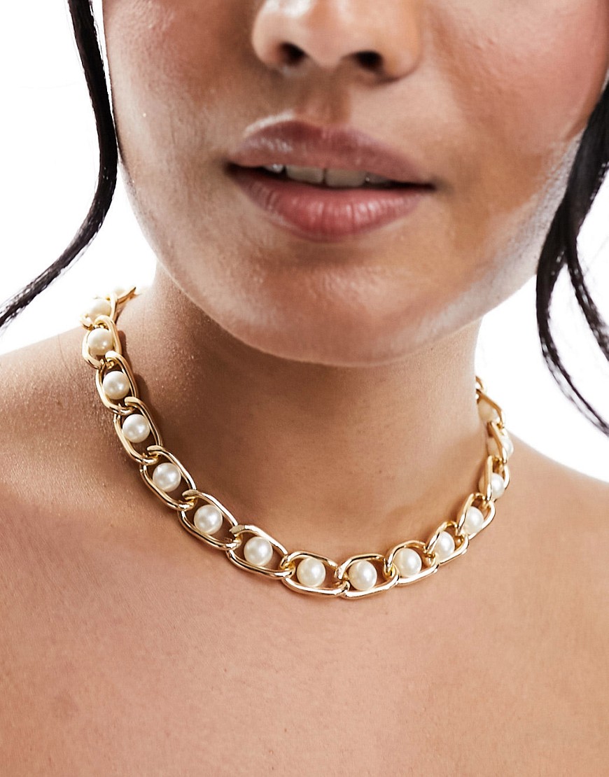 ASOS DESIGN necklace with suspended faux pearl design in gold tone
