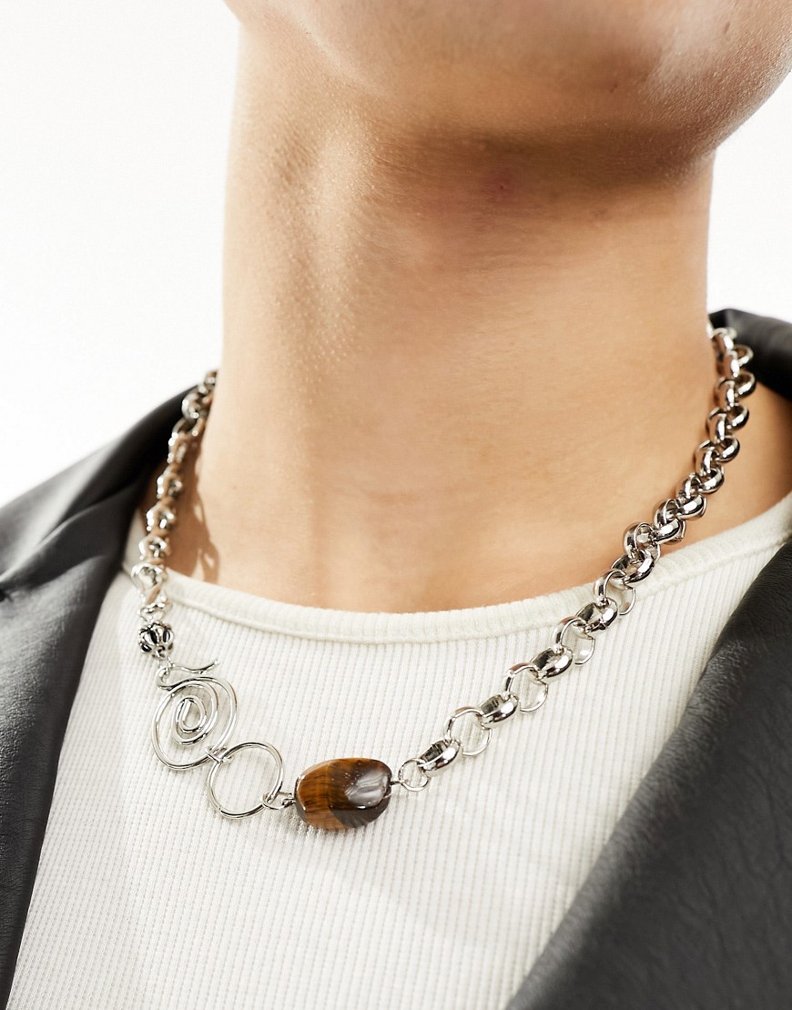 ASOS DESIGN necklace with swirl chain and tigers eye in silver tone