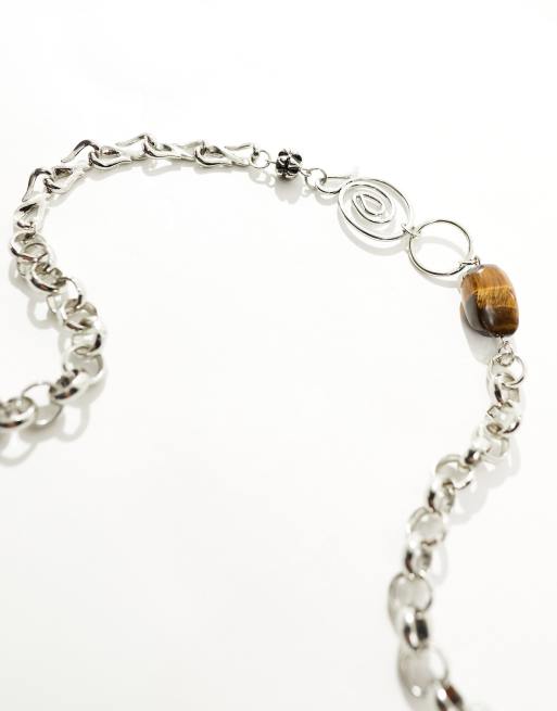 ASOS DESIGN necklace with swirl chain and tiger's eye in silver tone, 2 of 4