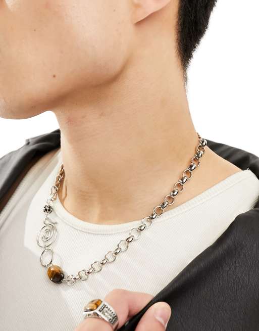 ASOS DESIGN necklace with swirl chain and tiger's eye in silver tone, 3 of 4
