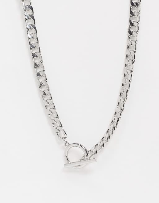 ASOS DESIGN necklace with t bar and curb chain in silver tone