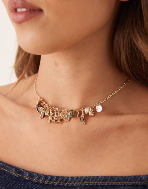 ASOS DESIGN necklace with thin chain and small charm details in gold tone - view 1