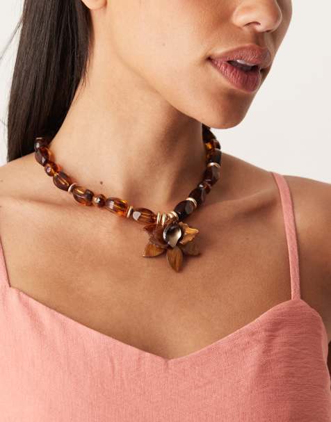 ASOS DESIGN necklace with tortoise shell beads and pendant - view 1