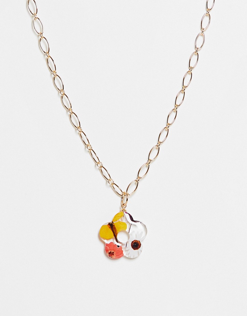 ASOS DESIGN necklace with trapped flower shape pendant in gold tone