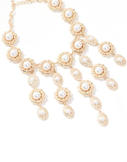 ASOS DESIGN necklace with waterfall faux pearl design in gold tone, 2 of 4