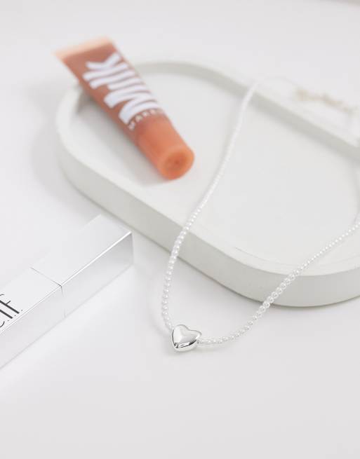 ASOS DESIGN necklace with white beading and heart pendant in silver, 2 of 4