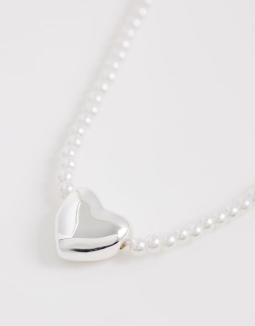 ASOS DESIGN necklace with white beading and heart pendant in silver, 4 of 4